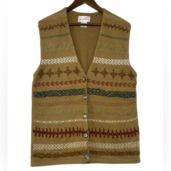 Jaclyn Smith Sweaters - VINTAGE Jaclyn Smith Wool Blend Tan Embroidered Button-Up Knit Sweater Vest sMed